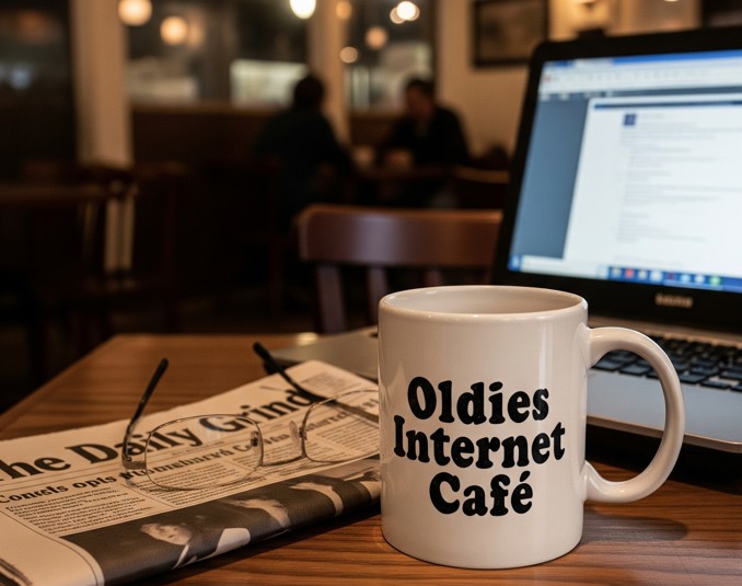 Ein Kaffeebecher mit der Aufschrift "Oldies Internet Café" neben einer Zeitung mit Brille und einem Laptop.