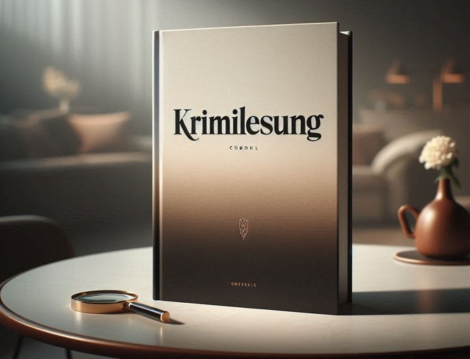 Buch mit der Aufschrift Krimilesung stehend auf einem Tisch mit beiliegender Lupe