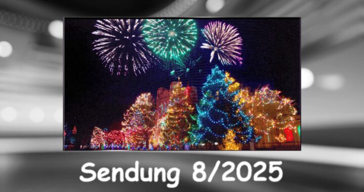Titelbild der 7. Sendung von Wittenförden-TV, geschmückte Tannen und Feuerwerk