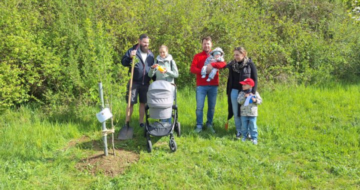 Familie Noffke und Familie Surau bei der Pflanzung des Generationenbaumes